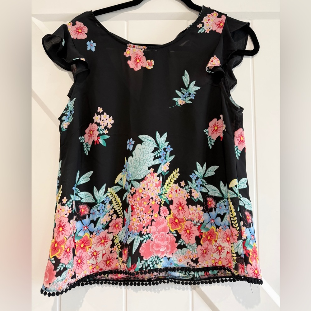 Twine and String- Floral Black Top with Tie Back